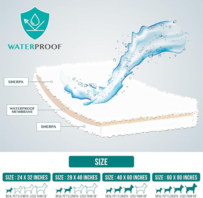 PetAmi Fluffy Waterproof Dog Blanket for Bed Large Dogs, Soft Warm Pet Sherpa Throw Pee Proof Couch Cover, Reversible Cat Blanket Sofa Crate Kennel Protector, Washable Mat (Beige Cream, 60x80)