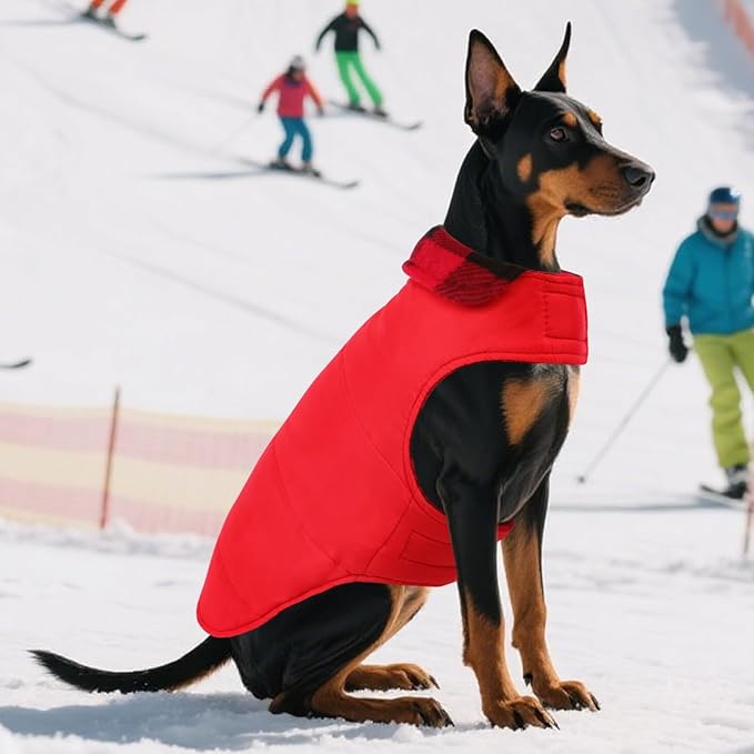 ASENKU Dog Winter Coat, Fleece Doggie Jacket Plaid Reversible Vest Waterproof Windproof Cold Weather Clothes for Small Medium Large Dogs(Red S)