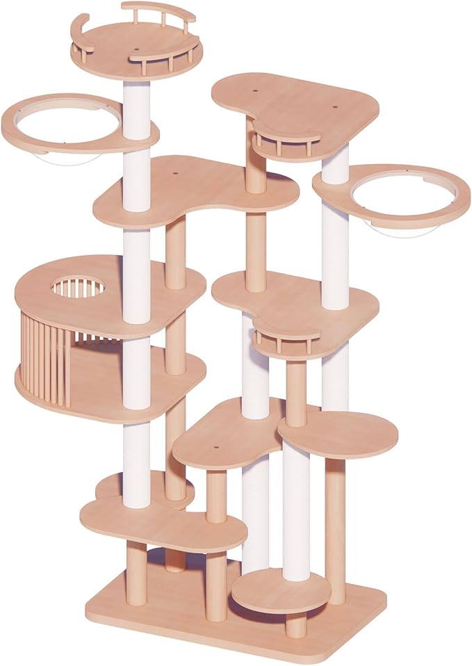 Downpat Cat Tree 84.6" Tall Solid Wood Multi-Level Cat Tower with Condo,Cat Scratching Post,Jumping Space,Furniture Suitable for Cats