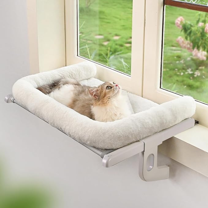 Cat Window Sill Perch with Large Bolster, Easy to Adjust & Assemble Cat Window Seat for Windowsill & Bedside, Pet Hammock Bed for Large Cats and Kittens (White, M)