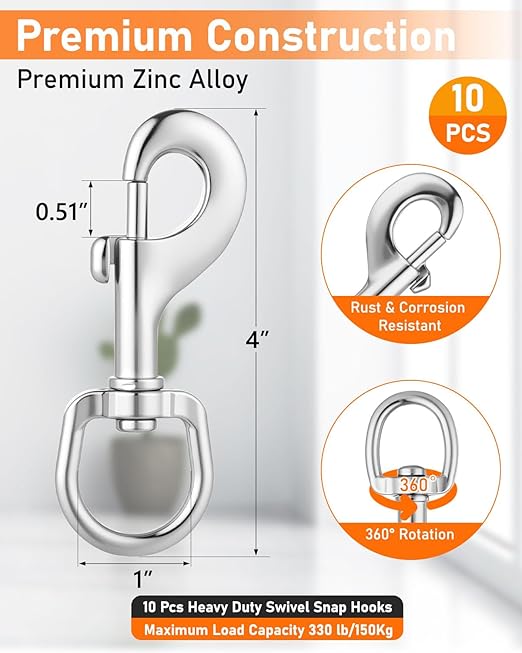 10 Pcs Swivel Snap Hooks Heavy Duty, 4" Swivel Clip Clasp, Multipurpose Bolt Snap Single Ended for Keychain Camera Strap Linking Pet Leash.