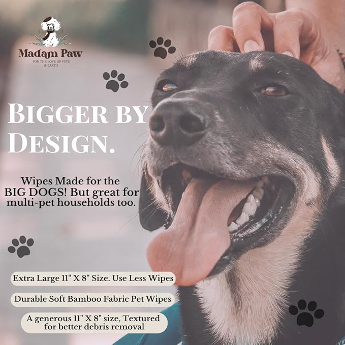 XL Organic Unscented Pet Wipes - Paws Body Butt - Plant Based Bamboo Pet Wipes - Thick Hypoallergenic & Textured for Cleansing & Gentle Hydrating Cat & Puppy Dog Wipes for Travel