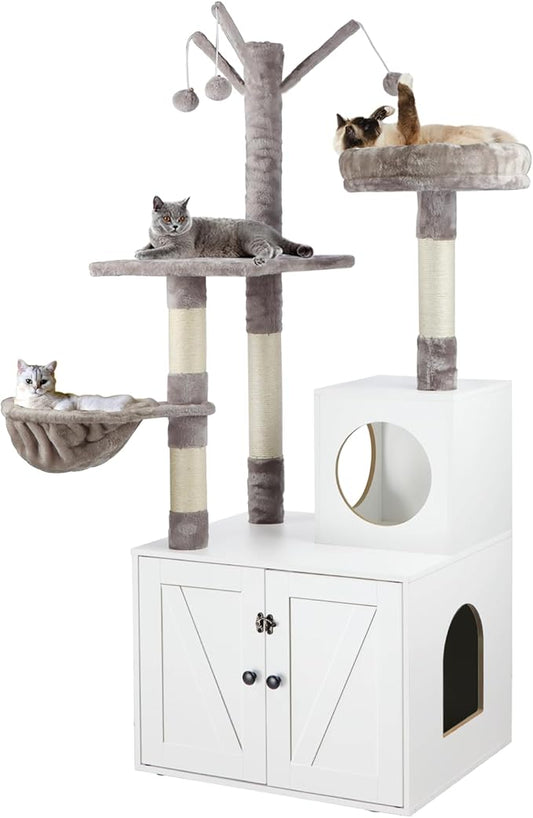 Litter Box Enclosure with Cat Tree, 2-in-1 Hidden Litter Box Furniture with Scratching Post, Modern Cat Condo, White