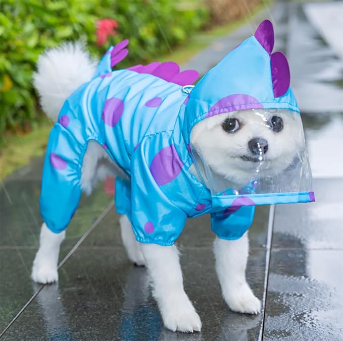 XIAOYU Funny Dinosaur Dog Raincoat with Hood & Harness D-Ring, Waterproof Rain Jacket for Small Dogs Cats, 4 Leg Jumpsuit Lightweight Waterproof Clothes, M