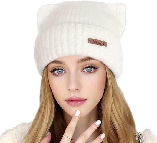 Cat Ear Beanie Cute White Cat Crochet Beanie Winter Warm Hat Knitted Cap for Women Girls