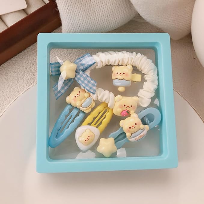 Hair Clips for Women, Acrylic Resin Hair Accessories set with Hairbands Colored Hair Ties, Flower, Rainbow, Little Bear Clips Cute pattern for Birthday Prom (blue Star Bowknot)