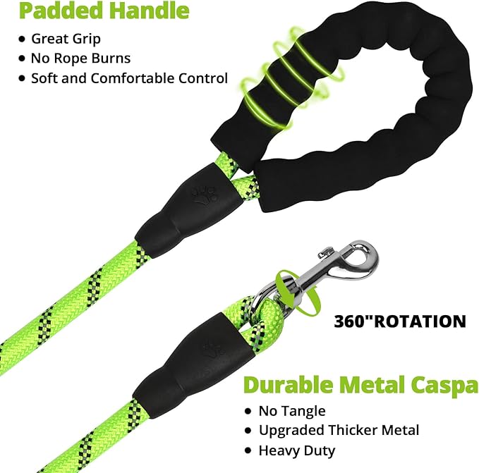 Rope Dog Leash 6 FT: Heavy Duty Leashes with Swivel Lockable Hook Reflective Threads Bungee and Padded Handle - Dog Lead for Large Small Medium Dogs Outside Walking Hiking Green