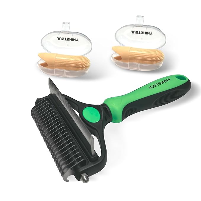 Pet Grooming Set – Deshedding Hair Brush & 2 Finger Toothbrushes – Perfect for Dogs & Cats (Green)