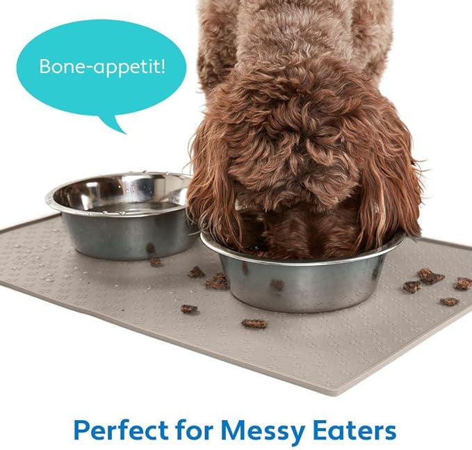 MIGHTY MONKEY 100% Waterproof Dog Food Mat, Raised Edges Silicone Pet Feeding Placemat for Cat, Dogs, Pet Bowls, High Lipped Tray Prevents Water Spills, Food on Floor, Dishwasher Safe, 22x14, Beige