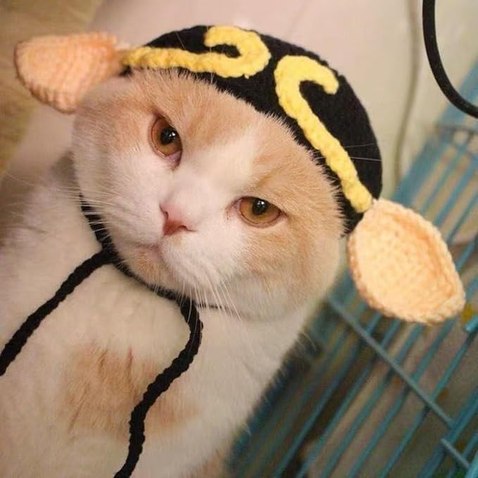 2Pcs 0-2.5kg 2.5kg-5kg Pet Cat Costume Hat with Ear Design, Black and Yellow Knitted Cap with Tassels