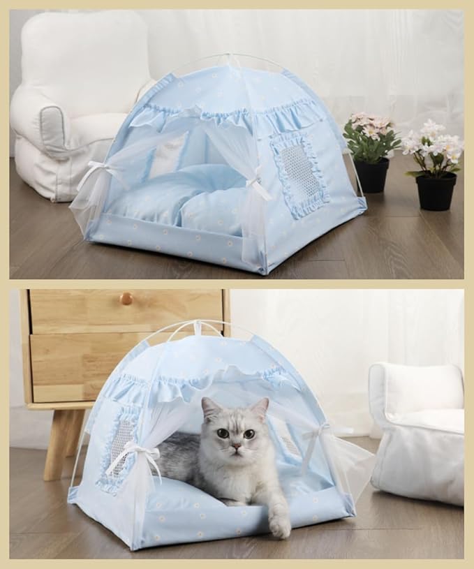 Cat Bed Tents Dog House Indoor Outdoor Lace Mesh Breathable Windows Door Curtains Removable Portable Nest Teepe House (Medium,Blue)