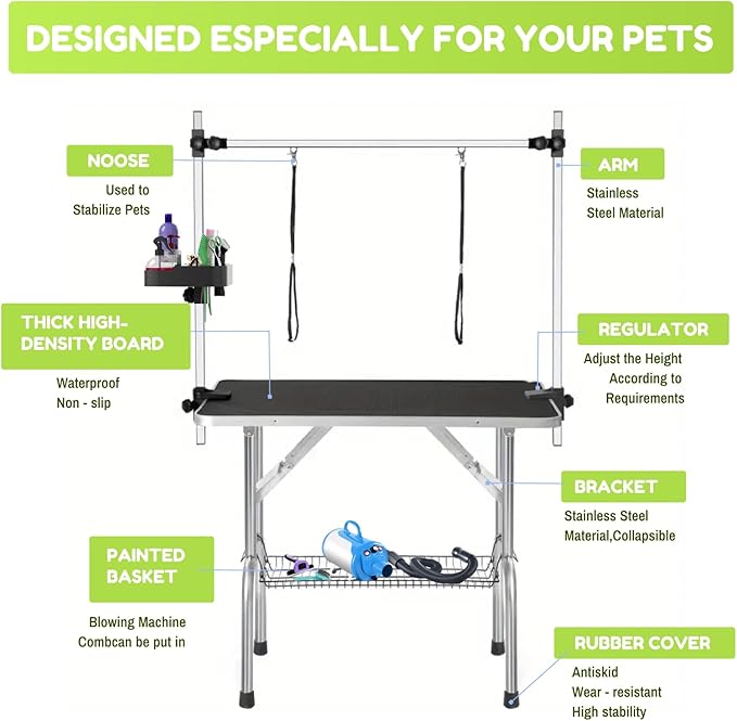 46" Large Dog Grooming Table, Non-Slip Tabletop with Adjustable Armrests, Lasso, Tool Organizer, Grid Tray, Foldable Home Pet Station, Maximum Weight Capacity 330 lbs,Blue