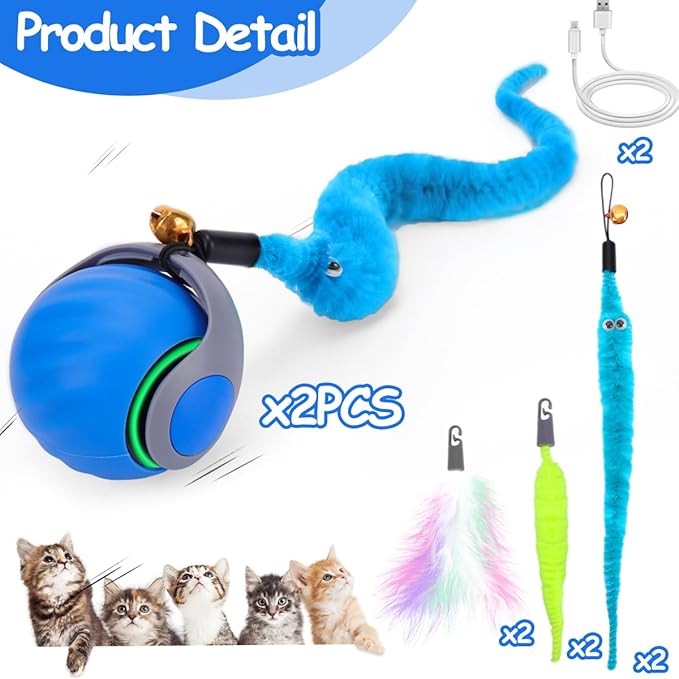 2PCS Interactive Cat Toy Ball with Feather Tails - Speedy Cat Toys for Indoor Cats, Moving Stimulation Smart Cat Toy for Enrichment, Motion Activated Automatic Rolling Toys to Keep Them Busy Blue