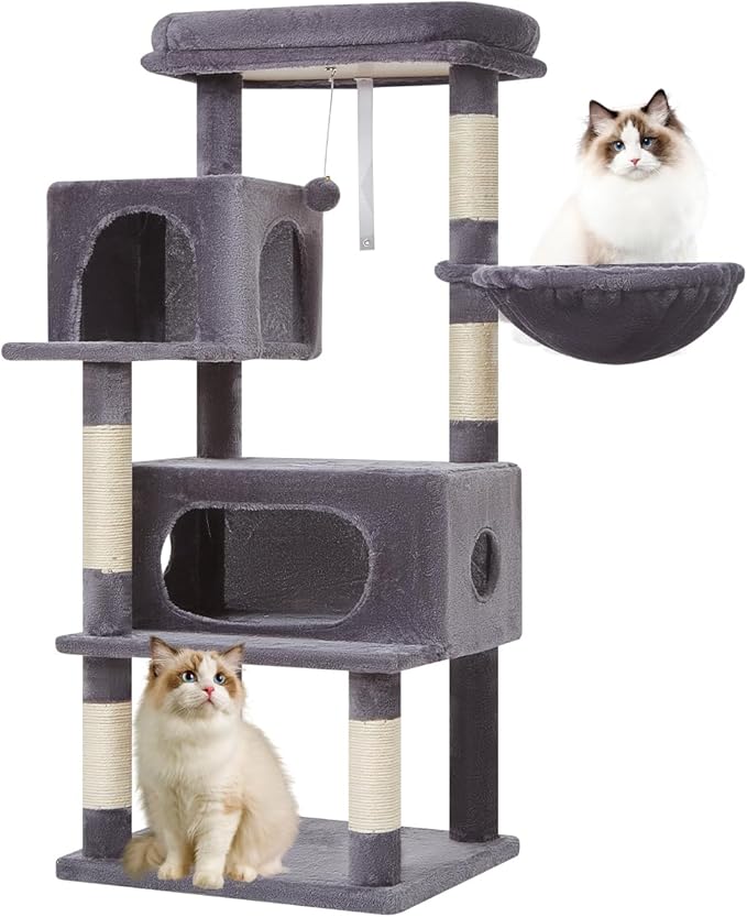Taoqimiao Cat Tree,49-Inch Cat Tower for Indoor Cats,2 Luxurious cat condo with Adjustable Large Hanging Baskets and Large Luxurious Perch Smoky Gray MS029LG
