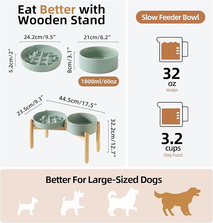 Ceramic Raised Slow Feeder Dog Bowl Set, Elevated 8.2inch Bowl and 9.5inch Slow Pet Food Dish with Wooden Stand for Large Dog (2 x Light Green+ Stand)