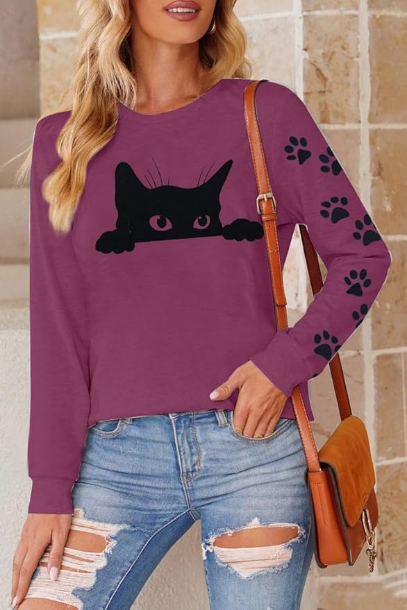 JINTING Cat Shirts for Women - Loose Fit Lightweight Long Sleeve Graphic Tee Fall Printed Crewneck Blouse Casual Tops