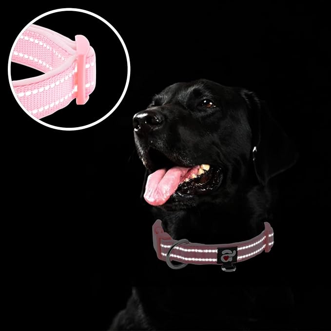 azuza Reflective Dog Collar,Soft Neoprene Padded Pet Collar with ID Tag Ring,Adjustable for Large Dogs,Pink,L