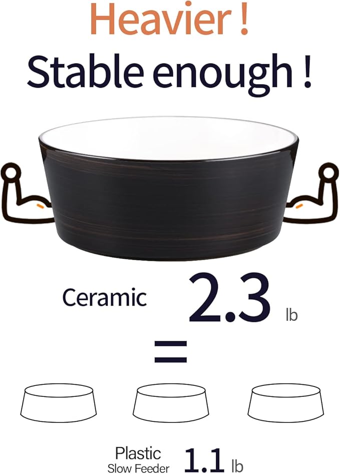 Black Dog Bowl Ceramic for Medium Large Breed, Heavy Weighted Dog Food Water Dish, 8 in Non - Slip Modern Cute Extra Big Porcelain Pet Bowl Maze Wide Mouth