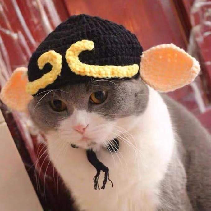 2Pcs 0-2.5kg 2.5kg-5kg Pet Cat Costume Hat with Ear Design, Black and Yellow Knitted Cap with Tassels