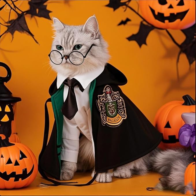 ANIAC 3PCS Halloween Dog Costume Cat Wizard Cape Glasses and Necktie Set Halloween Puppy Outfit Pet Academy Magician Cosplay Apparel for Kitten Cat Small Dogs (Black+Green, Medium)