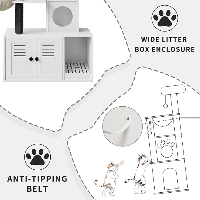 Litter Box Enclosure with Tree Tower, Condo, Cat Brush Post, and Passage, Hidden Washroom Furniture with Sisal Scratching Post & Soft Plush Perch, Wooden Multi-Platform Cat Furniture, White
