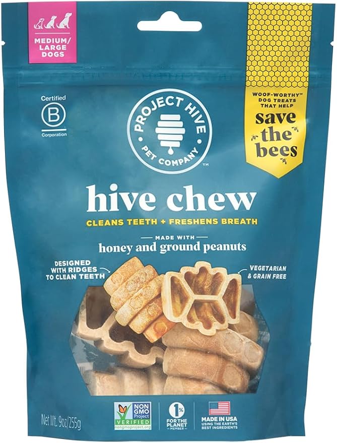 Hive Treats for Dogs Ñ Healthy, Non-GMO Project Verified, Natural Peanut Butter Flavored, Natural, Vegetarian Chews, Made in The USA (Hive Chews, Large Breeds)