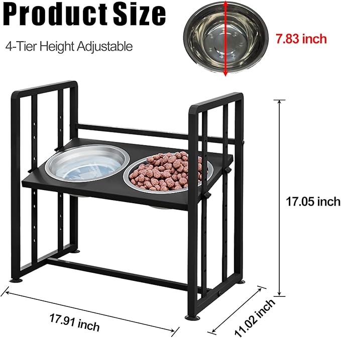 Elevated Dog Bowls 4 Height Adjustable Metal Pet Food Feeder Stand with 2 Stainless Steel Bowl Raised Dogs Feeding Station with Non-Slip Mats Black (Black, Without Feeding Mat)