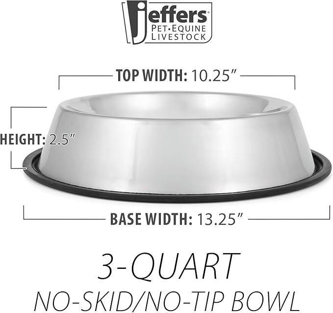 Jeffers No Skid No Tip Stainless Steel Pet Bowls for Dogs & Cats - Non-Slip Food & Water Feeder Dish with Black Rubber Base, Durable Easy to Clean Feeding Bowl for Indoor & Outdoor Use - 3 Quart