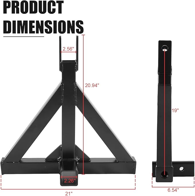 3 Point Trailer Hitch with 2" Receiver and Towing Hook - Heavy Duty Drawbar Adapter for 3 Pt Farm Equipment and Subcompact Trailers, Compatible with Kubota, Yanmar, Kioti, and Cat Tractors