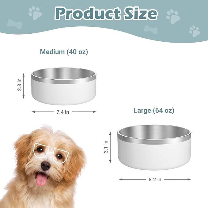 LIANLAI Stainless Steel Dog Bowls, Rust-Resistant Pet Bowls, Non Slip Dog Water Bowl, Versatile Feeding Bowls (White，40 oz)