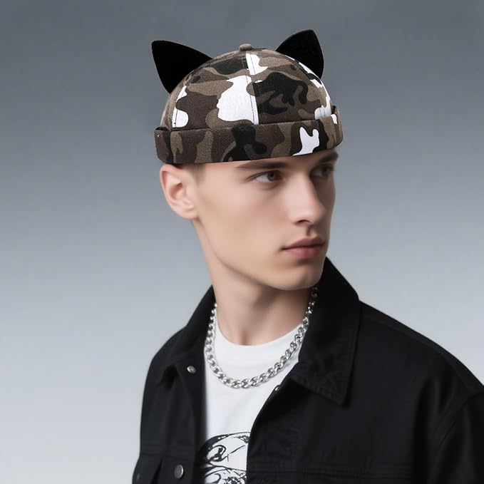 Malaxlx Cat Ear Docker Cap for Women Men – Brimless Cotton Sailor Beanie Skull Cap