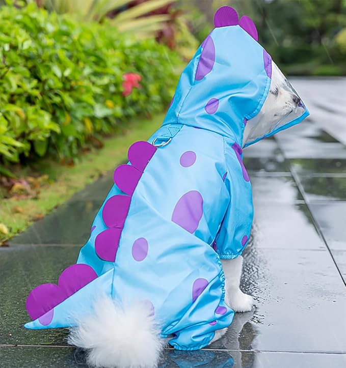 XIAOYU Funny Dinosaur Dog Raincoat with Hood & Harness D-Ring, Waterproof Rain Jacket for Small Dogs Cats, 4 Leg Jumpsuit Lightweight Waterproof Clothes, XXL