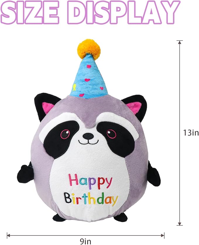 Raccoon Plush Toy 10 Inch Cute Birthday Stuffed Animal Soft Raccoon Plushies Pillow Wear Unicorn Birthday Hat Kawaii Cartoon Doll Gifts for Kid Toddlers Home Room Decoration
