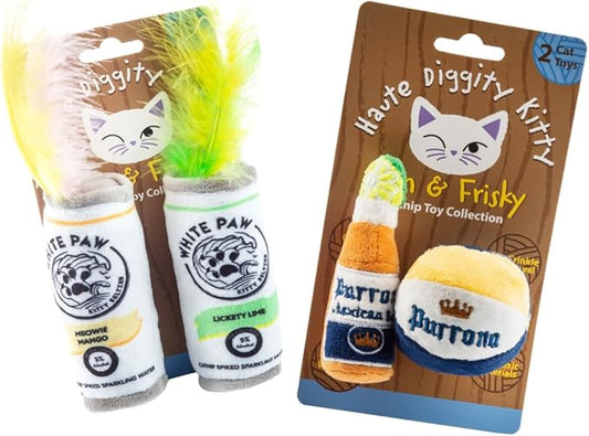 White Paw Mango & Lime + Purrrona Beer Bottle & Ball Set, Plush Cat Toys Catnip Filled with Interactive Crackle Sound, Safe & Durable Toys for Cat & Kitten, 4 Pcs