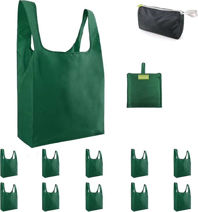 BeeGreen Christmas Green Reusable Grocery Bags with Zipper Storage Pouch 10 Packs Dark Green Reusable Shopping Bags Bulk with Elastic Band Foldable-Machine Washable