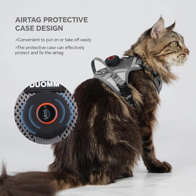 Cat Harness and Leash Set with AirTag Holder: Upgraded Escape Proof Vest with Lead for Small Dog Puppy Large Cat Walking，Soft Breathable Mesh Coat with Reflective Strip (Grey, L)