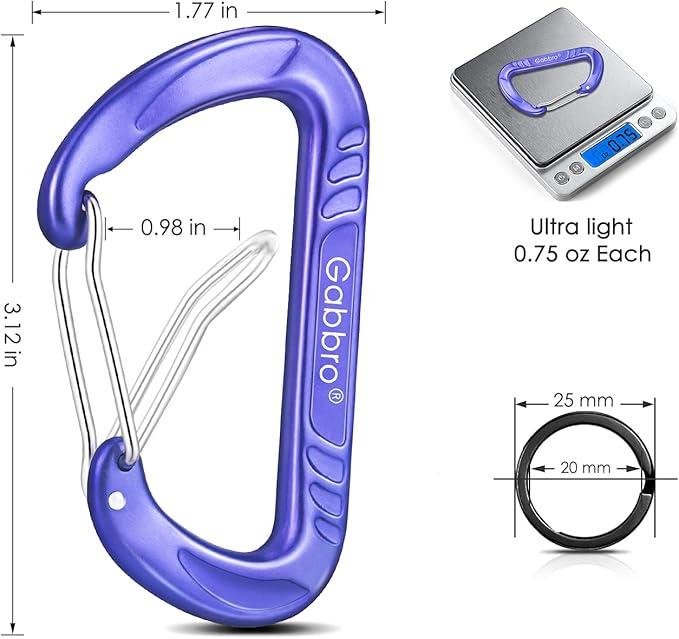 Gabbro Carabiner Clips Heavy Duty, | Wiregate Snap, Screw Locking, Aluminum, Lightweight Caribeener | for Hammock, Hiking, Camping, Water Bottle, Dog Leash Harness, Keychains