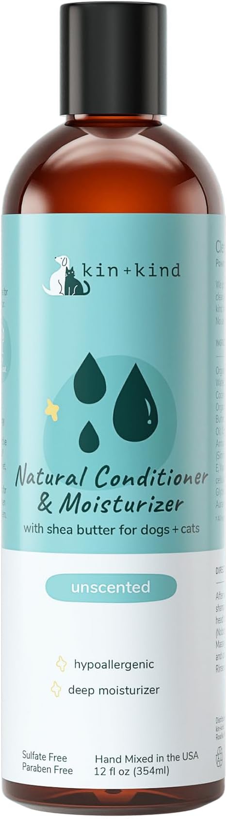 kin+kind Cat & Dog Conditioner with Shea Butter, Aloe & Betaine – All-Natural Pet Supplies to Moisturize, Soften & Restore Coat, Shed Control & Coat Defense for Dogs and Cats, Made in USA - 12 fl oz