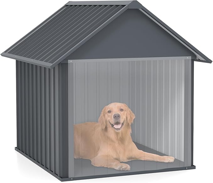 Erinnyees 45" Dog House Outdoor with Door Curtain and Weatherproof Puppy Shelter, Anti-Chewing Iron Frame, Sturdy and Long-Lasting Dog Tent for Medium Large Dogs