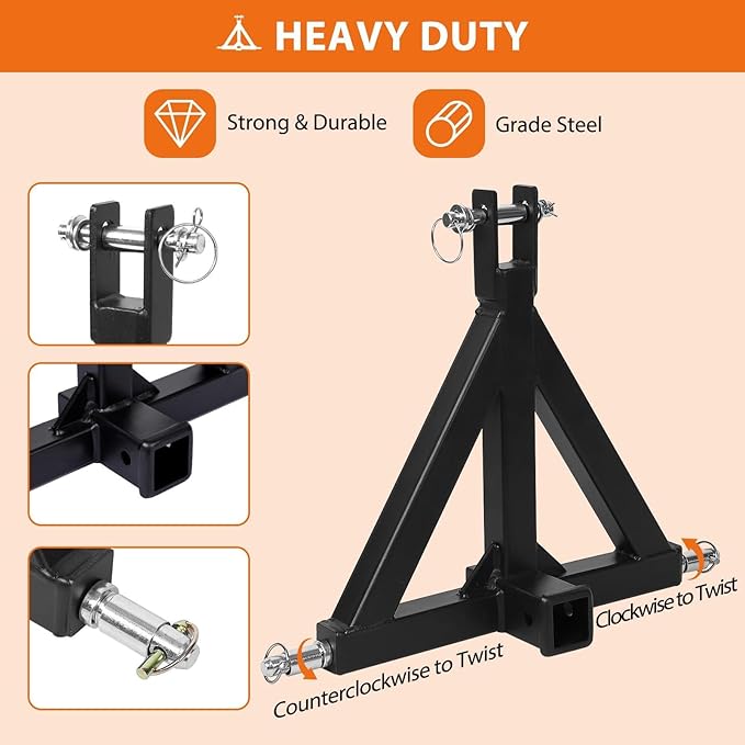 3 Point 2" Trailer Hitch Receiver Heavy-Duty for Category 1 Tractors Compatible with Kubota, BX, LM25H, WLM Tractor, NorTrac, Yanmar, Kioti, Cat