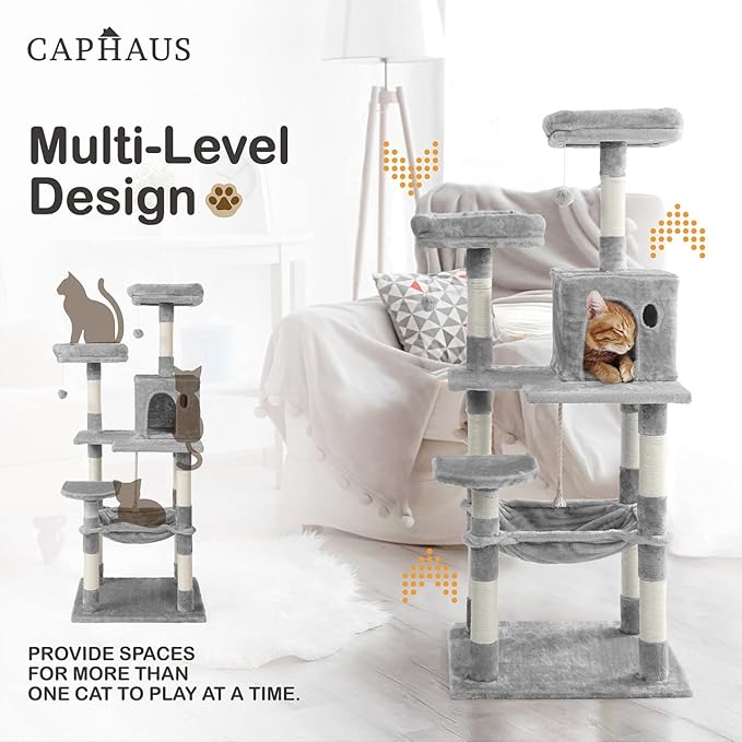CAPHAUS Extra Wide, Tall Cat Activity Tree w/Two Top Perch, Scratching Posts, Multi-Level Play Tower for Cute Indoor Cats, 58-Inch Modern Cat Tree w/Cat Cave Condo, for Large Cats Kittens
