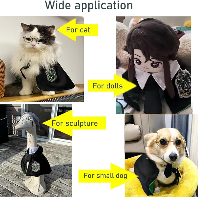 ANIAC 3PCS Halloween Dog Costume Cat Wizard Cape Glasses and Necktie Set Halloween Puppy Outfit Pet Academy Magician Cosplay Apparel for Kitten Cat Small Dogs (Black+Green, Large)