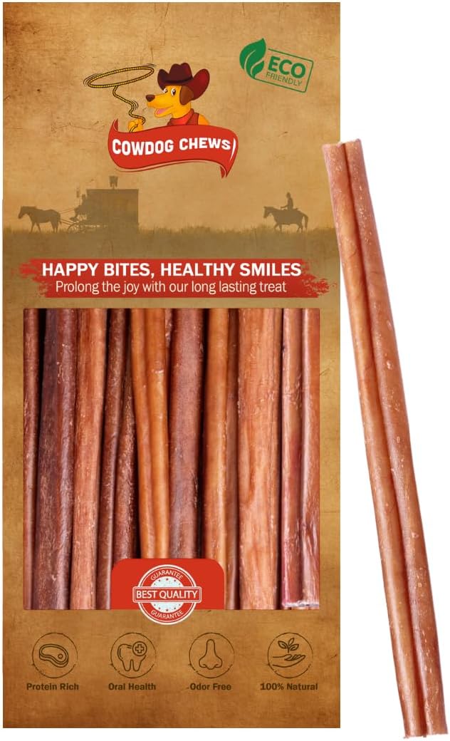 Cowdog Chews Beef Bully Stick: Odor-Free, Fully Digestible Beef Collagen Chews (9-12", 25 Count) - Natural, Grain-Free, Long-Lasting Collagen Bully Stick Substitute for All Dog Breeds