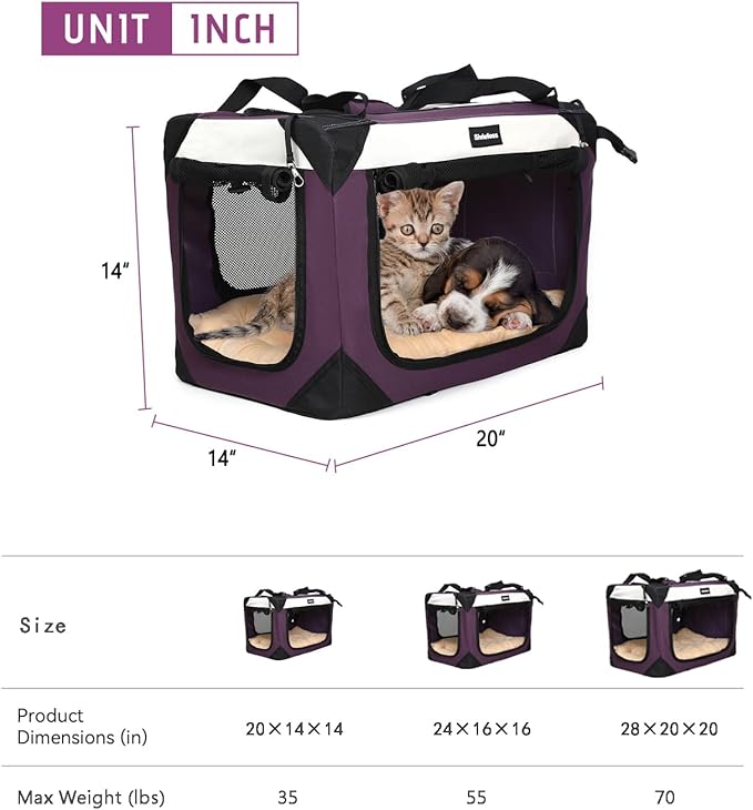 Large Cat Carrier, Collapsible Dog Travel Crate Portable Soft-Sided Pet Carrier with Super Soft Warm Plush Mat for Indoor and Outdoor 20x14x14in,Purple