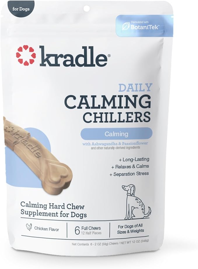 Kradle Chillers Hard Chews for Dogs - Ashwaganda GABA L-Theanine - Supports a Calm Demeanor - 6 Hard Chews