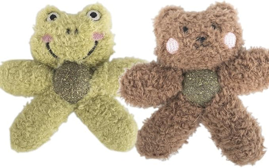 Cat Toys with Catnip Kitten Chew Bite Supplies Boredom Relief Fluffy Kitty Teeth Cleaning Chewing Cat Lovers Interactive Plush Gift (Frog&Bear)