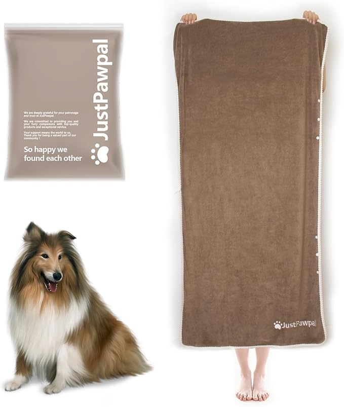 Dog Towel - Absorbent Soft Microfiber Towels for Drying Dogs Extra Large, Large, Medium, Small - Pet Bath, Grooming Towels - Adjustable Snaps (Brown, 56"x28")