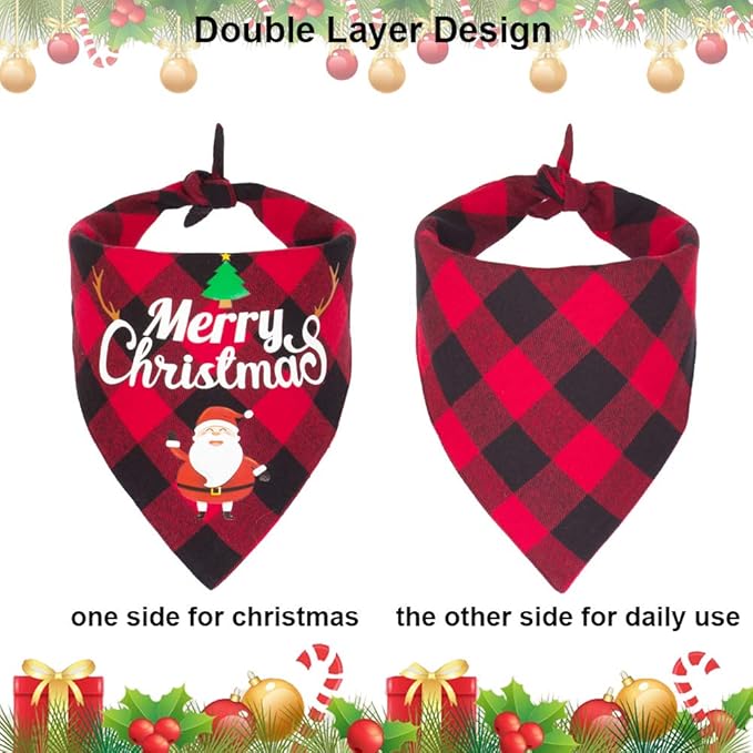 ADOGGYGO 2 Pack Dog Bandana Christmas Classic Plaid Pet Scarf Triangle Bibs Kerchief Merry Christmas Red Santa Snowman Bandana for Medium Large Dogs Pets (Large)