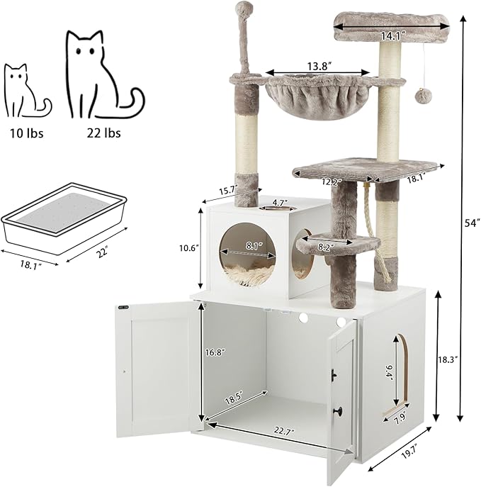 Cat Tree with Litter Box Enclosure, 2-in-1 Cat Tower for Indoor Cats, Large Wood Cat Condo with Basket, Scratching Posts, Pompoms, White