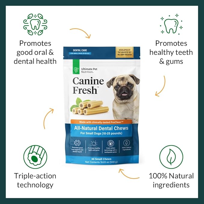 ULTIMATE PET NUTRITION Canine Fresh Dental Chews, Dental Dog Treats, Oral Care and Hygiene Sticks, Soothes Gums, Vet Developed, 30 Chews (Small)